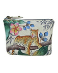 Beige leather coin purse with hand painted leopard design.