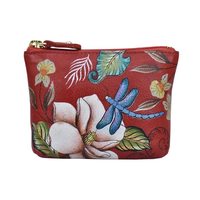 Red leather coin purse with hand painted floral and dragonfly design.