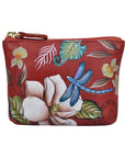 Red leather coin purse with hand painted floral and dragonfly design.