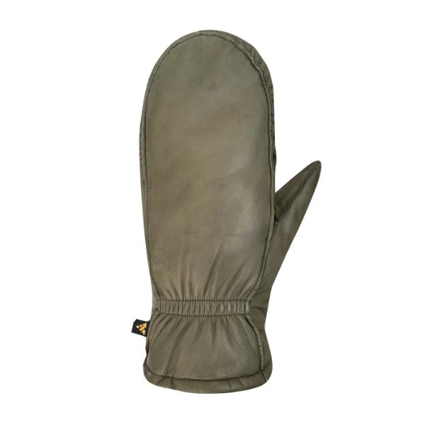 Olive green leather mitten with gathering at cuff.