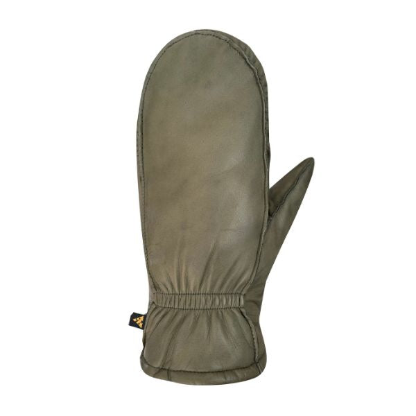 Top view of khaki green leather mittens. 