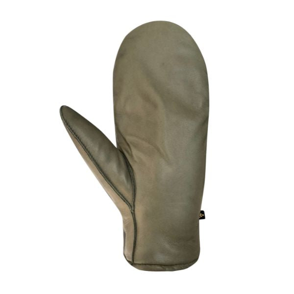 Palm side view of khaki green leather mittens. 