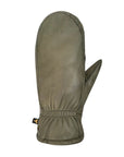 Top view of khaki green leather mittens. 