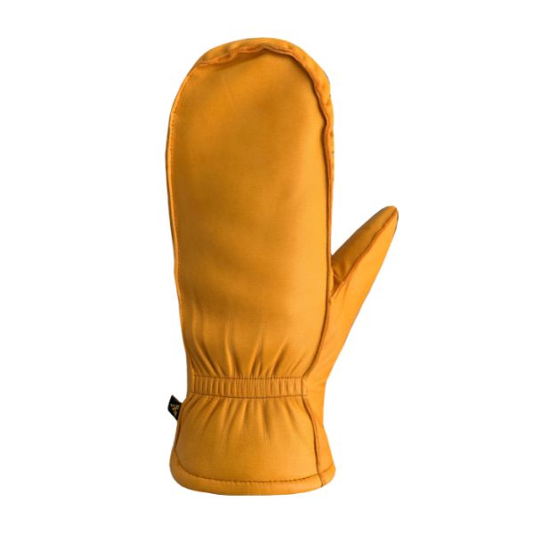 Mustard yellow leather mitten with gathering at cuff.