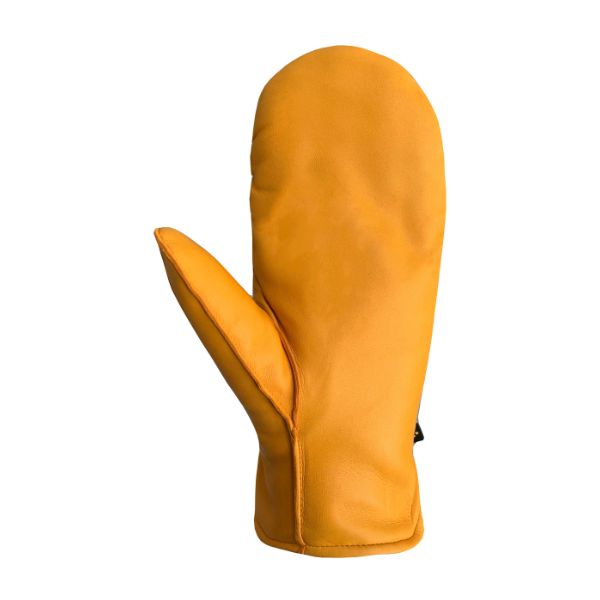 Palm side view of mustard yellow leather mittens. 