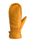 Top view of mustard yellow leather mittens. 