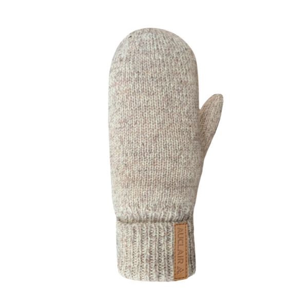 A beige wool mitten with Auclair logo on the folded up knit cuff. 