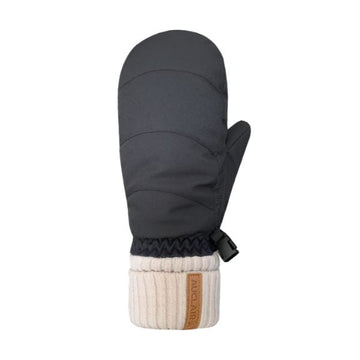 Black mittens with beige cuff. Cuff has brown patch with Auclair logo on it.