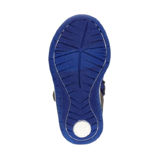 Blue outsole of Stride Rite Fin fisherman sandal with white logo on heel