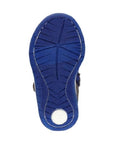Blue outsole of Stride Rite Fin fisherman sandal with white logo on heel