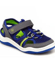 Blue mesh fisherman sandal with grey velcro strap, white midsole and blue outsole