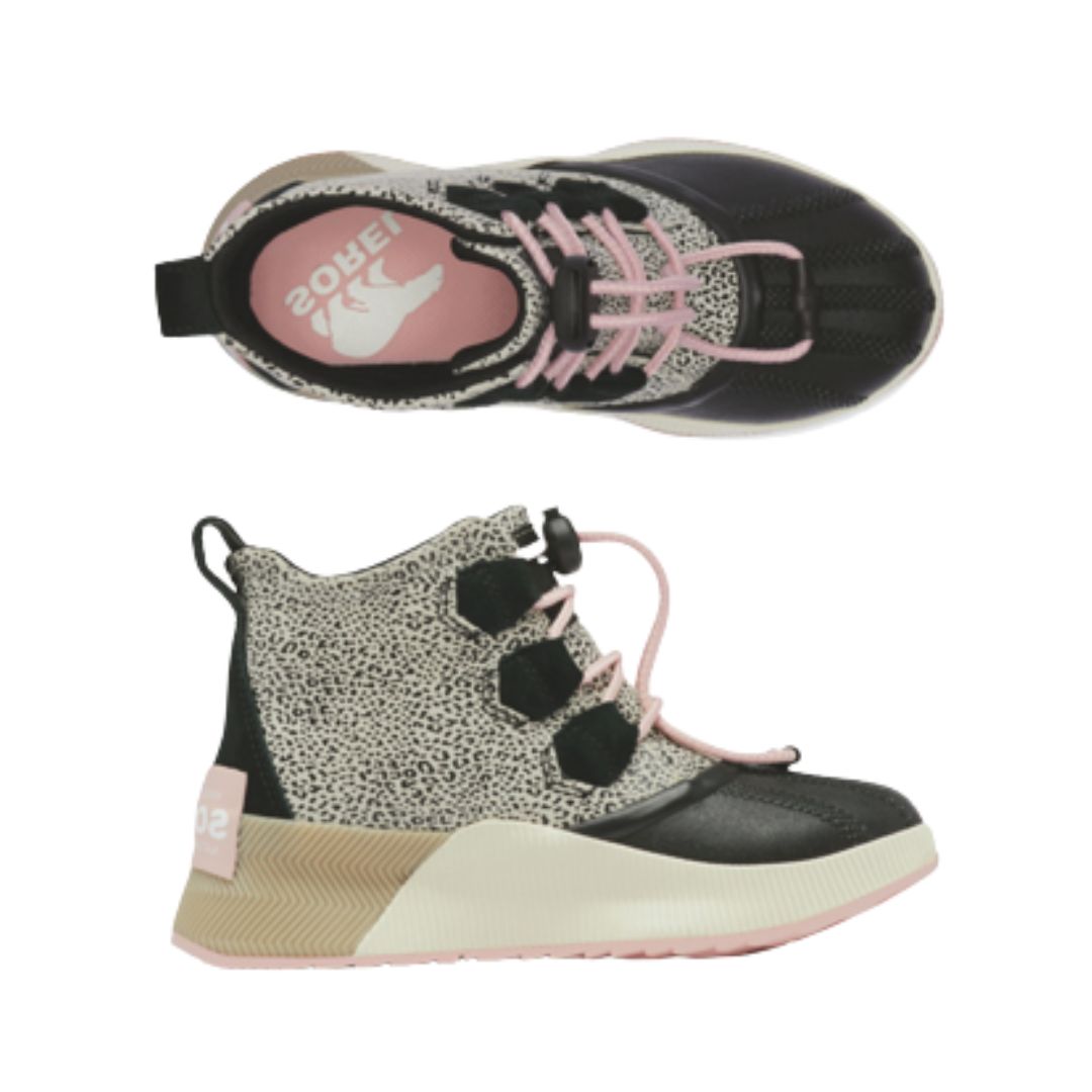 Black and white leather ankle boot with pink laces and a thick white midsole with pink outsole. White Sorel logo is printed on pink insole.