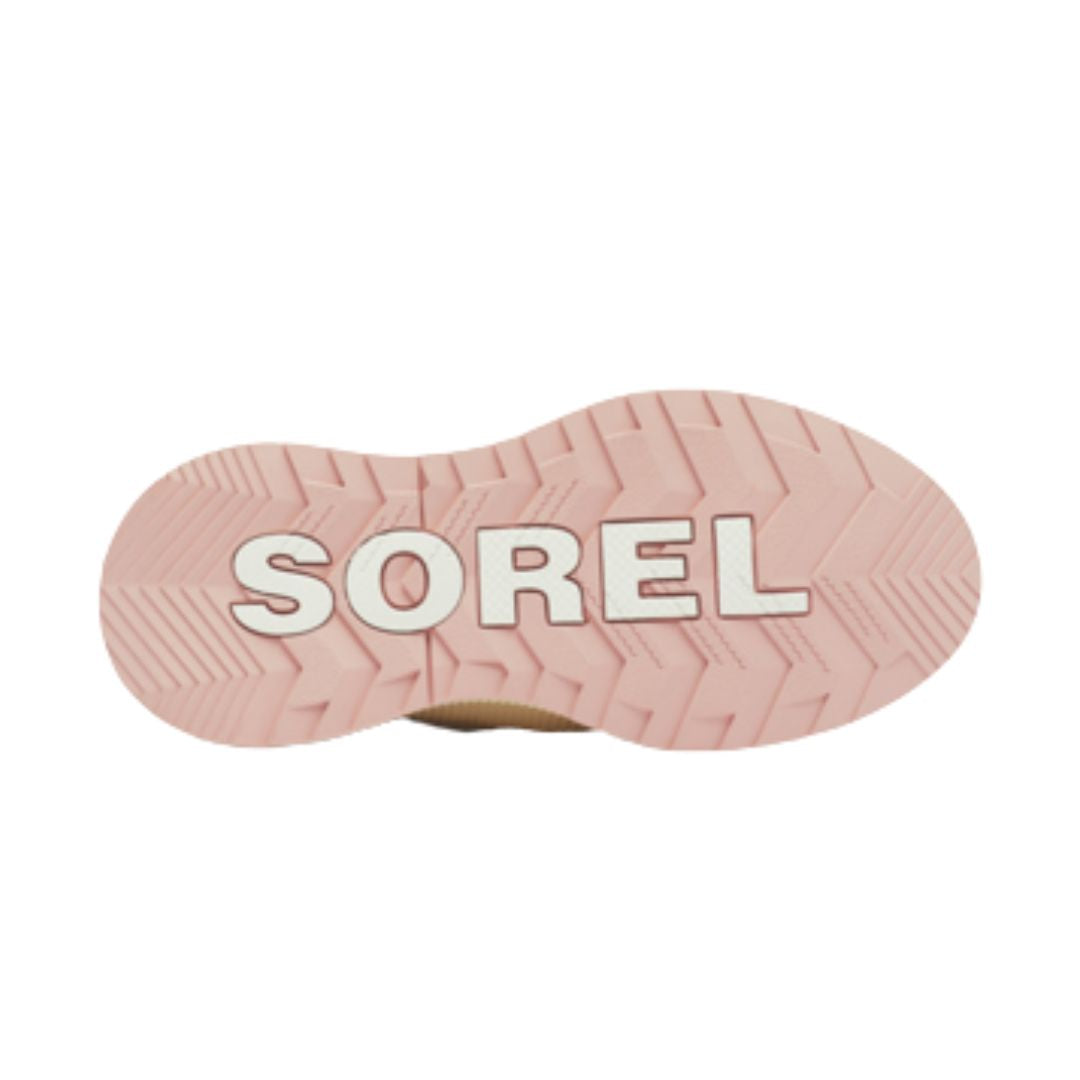 Pink rubber outsole with white Sorel logo in center.