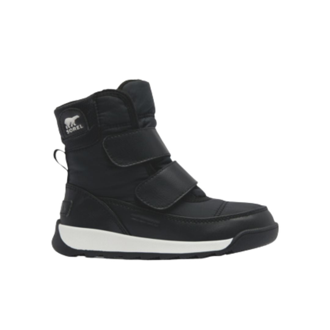 Black nylon Sorel boot with two adjustable Velcro straps.
