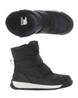 Black Sorel boot with two adjustable Velcro straps. White Sorel logo on heel of insole.