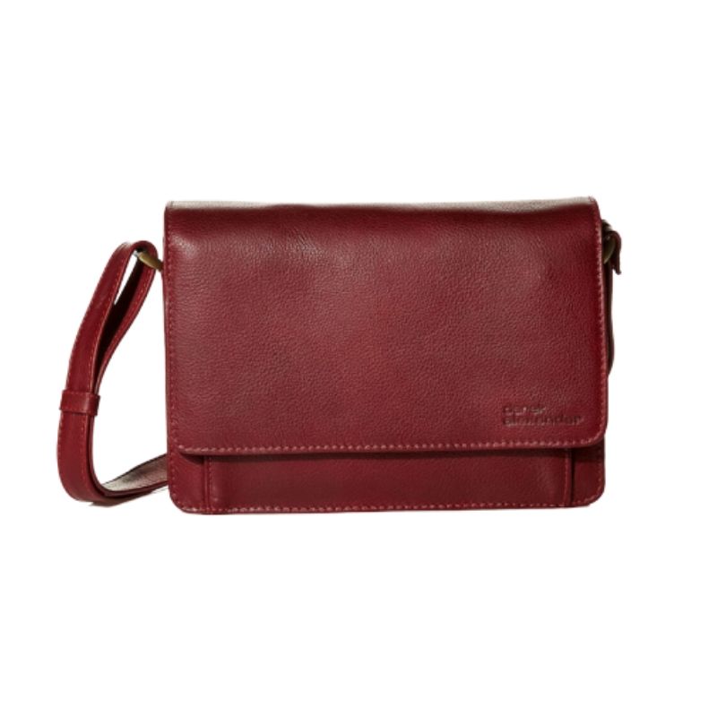 Whiskey  leather clutch style hand bag with front flap pocket and adjustable strap by Derek Alexander