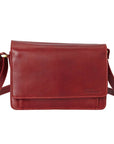 Red leather clutch style hand bag with front flap pocket and adjustable strap by Derek Alexander