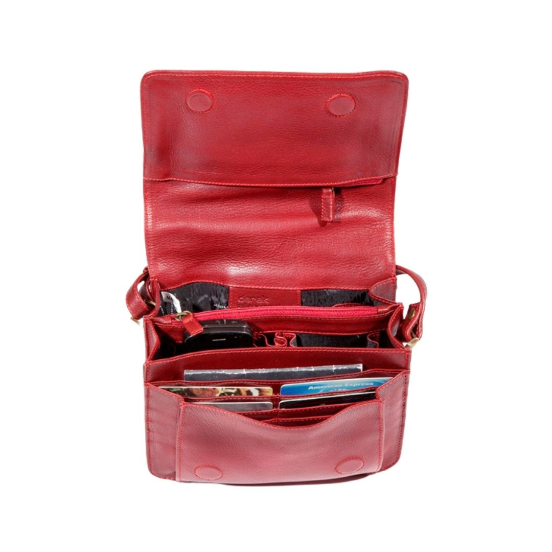 Interior of the 3/4 organizer bag in red. Features two zippered pockets, multiple slip pockets, a key ring, and many card slots. 