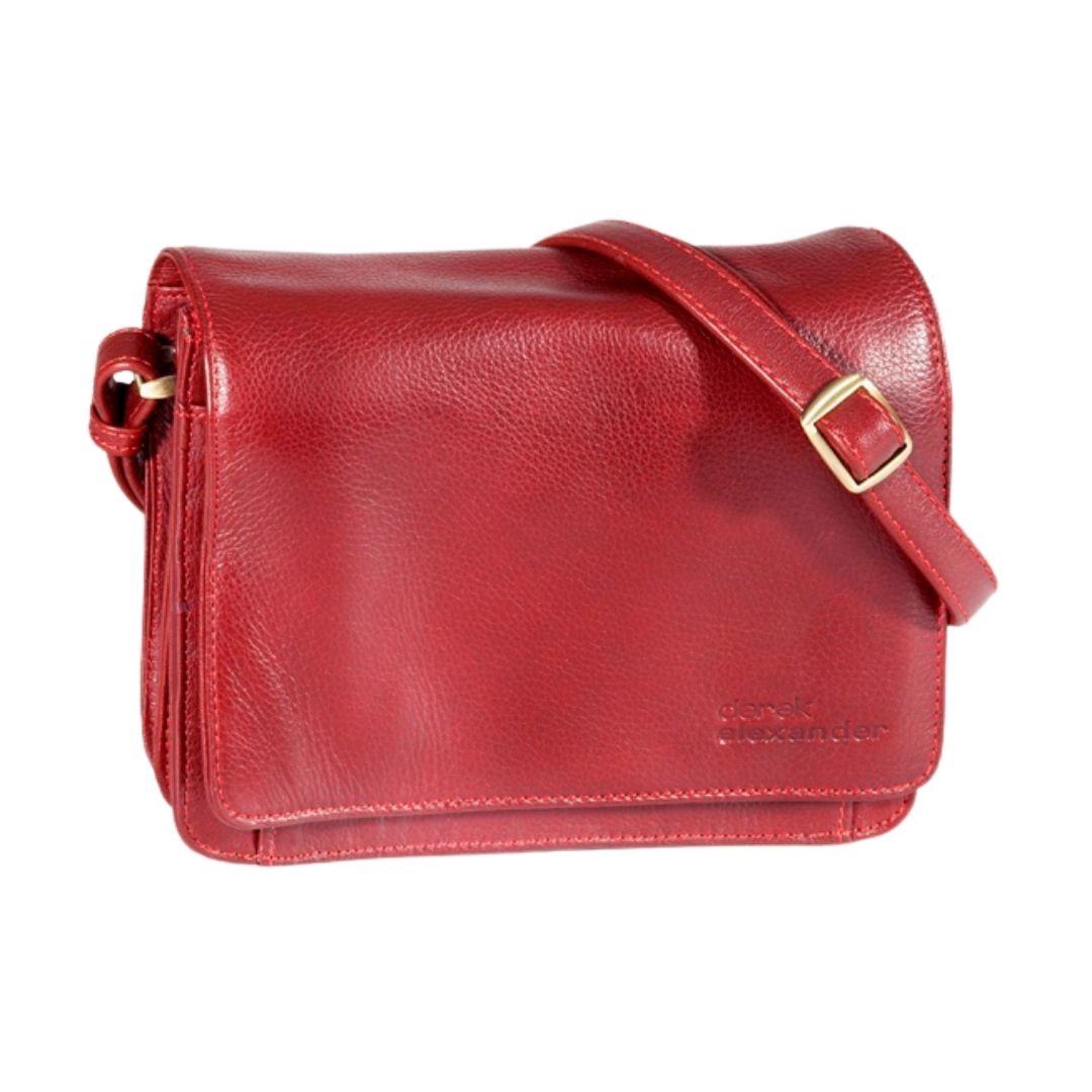 3/4 flap organizer bag in red. Red leather purse with flap closure and adjustable shoulder strap. Derek Alexander logo is embossed in bottom corner.