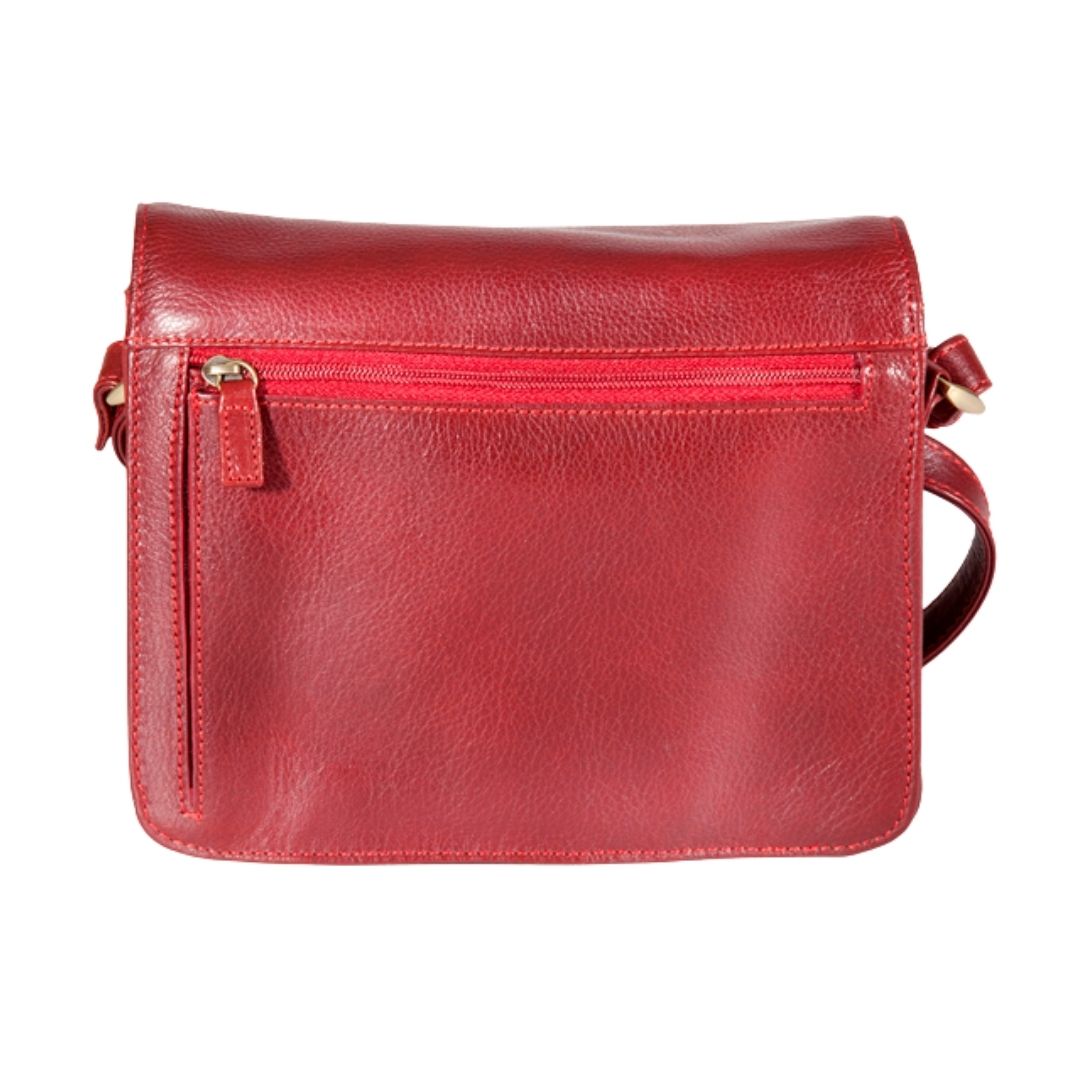 Red leather handbag with adjustable strap and zipper on back exterior