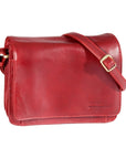 3/4 flap organizer bag in red. Red leather purse with flap closure and adjustable shoulder strap. Derek Alexander logo is embossed in bottom corner.