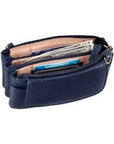 Inside navy clutch by Derek Alexander has lots of space to hold cards, money or cell phone