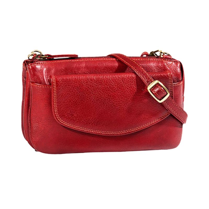Red hand bag clutch style  featuring buckle on the strap by Derek Alexander
