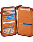 Interior view of red Women's Derek Alexander Full Zip Organizer Bag showing multiple card slots, ID window, and currency compartments.