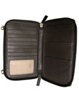 Open black Women's Derek Alexander Full Zip Organizer Bag displaying organized interior with card slots, ID slot, and bill compartments.