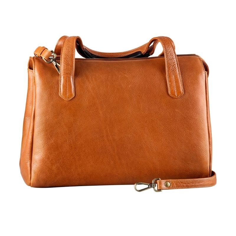 Square tan leather bag with 2 handles and an adjustable strap by Derek Alexander