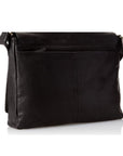 Back view of black leather 3/4 flat messenger bag with zipper on back exterior