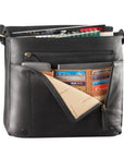 Open flap showing lots of card slots and zippered pocket of black leather messenger bag
