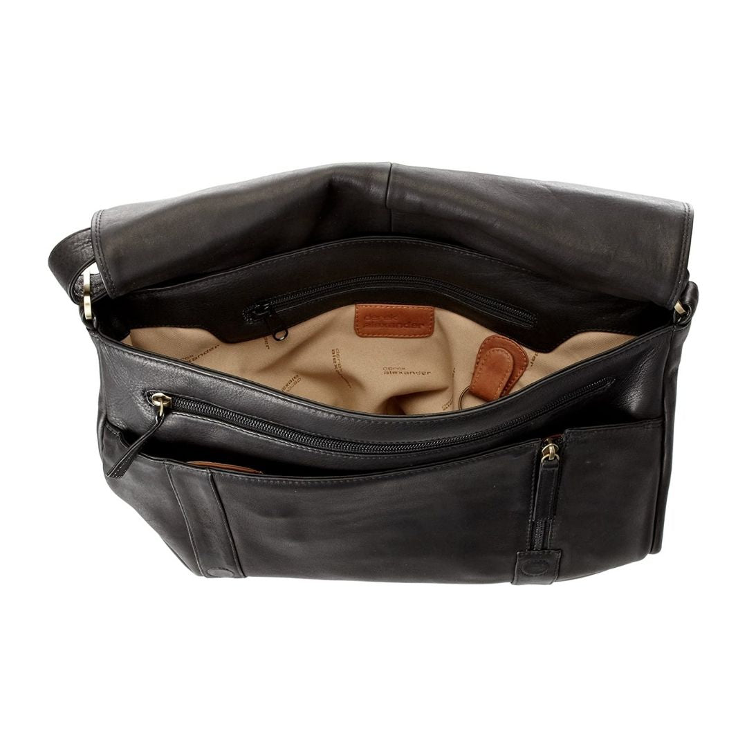 Inside view of black leather 3/4 flat messenger bag with beige lining and two zippered pockets