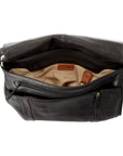 Inside view of black leather 3/4 flat messenger bag with beige lining and two zippered pockets