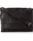 Black leather 3/4 flat messenger bag.