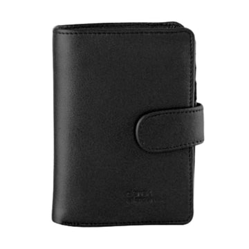 Black leather wallet with dome strap closure and Derek Alexander logo embossed on bottom right corner.