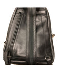 Rear exterior of black leather slingback, showing vertical zippered compartment. Backpack straps can be zippered together for easy carry as a sling. 