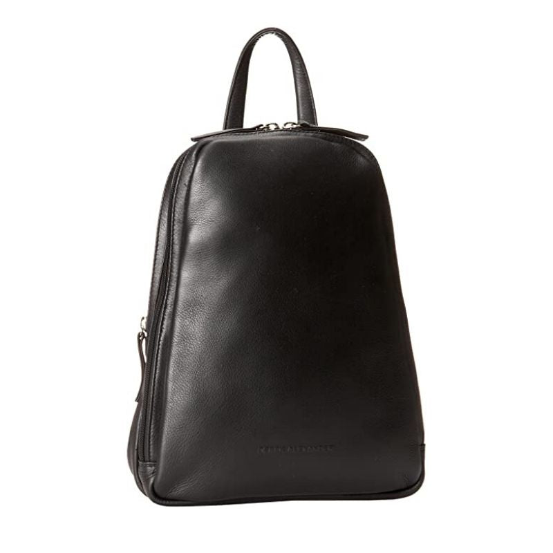 Minimalist black leather backpack with top handle and two zippered compartments. Derek Alexander logo is visible at the bottom. 