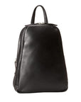 Minimalist black leather backpack with top handle and two zippered compartments. Derek Alexander logo is visible at the bottom. 