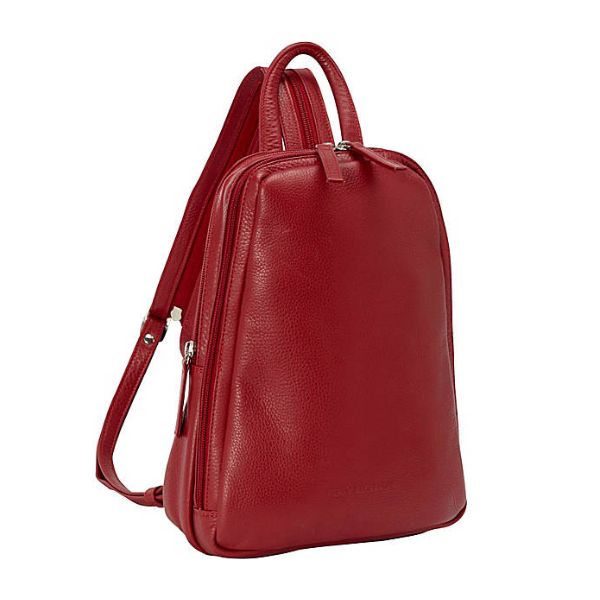 Red leather backpack. 