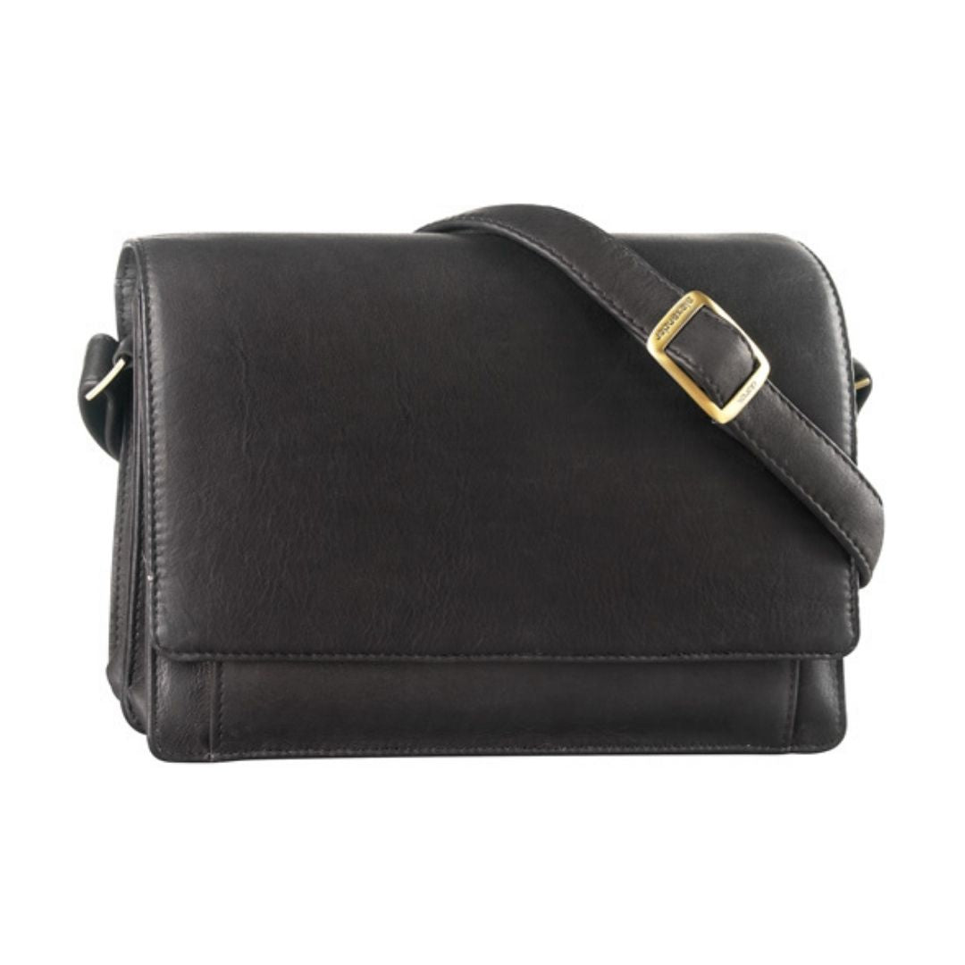 Black leather clutch style hand bag with front flap pocket and adjustable strap by Derek Alexander