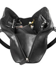 Spacious black leather Derek Alexander bag interior with lots of small pockets for cards or pens as well as large open space.