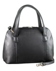 Black leather bag with a zipper closure, two handles and an adjustable strap by Derek Alexander
