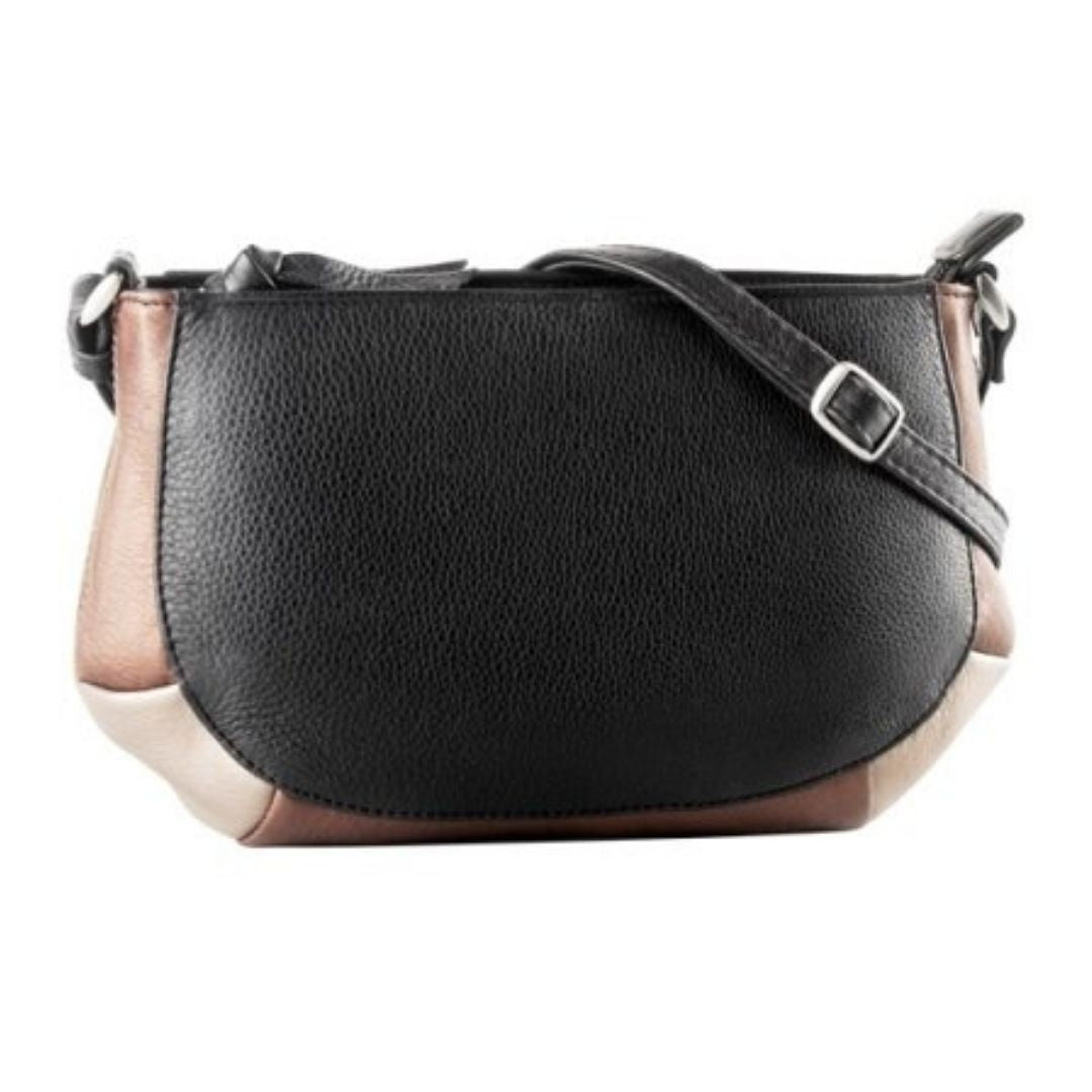 Black leather bag with bronze and silver trim with top zipper and adjustbale shoulder strap.