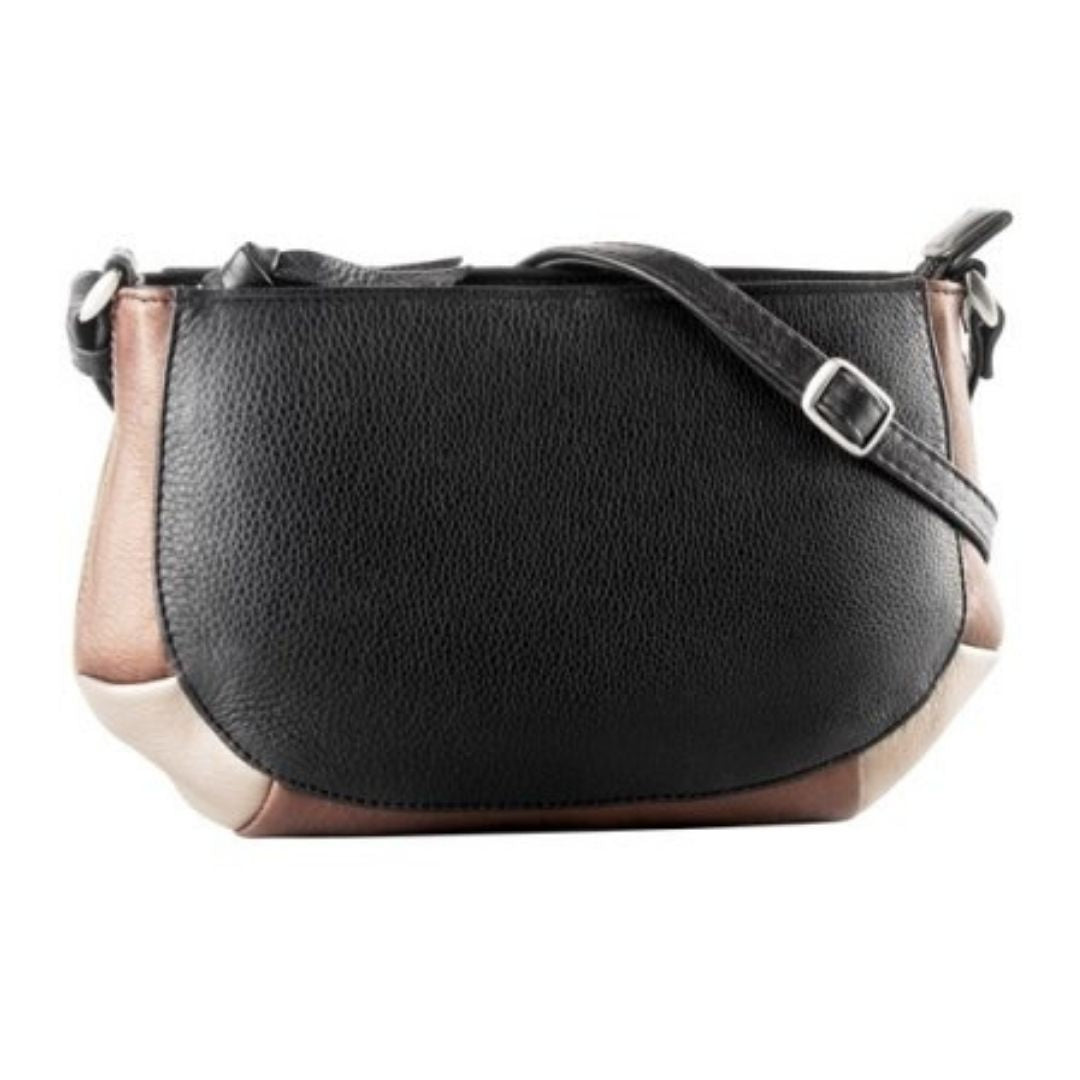 Black leather bag with rounded corners and bronze/pewter leather trim. Features an adjustable strap and top zip closure. 