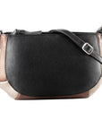 Black leather bag with bronze and silver trim with top zipper and adjustbale shoulder strap.