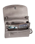 Inside pocket hold many credit cards in the Derek Alexander purse with adjustable straps in pebbled silver cowhide leather