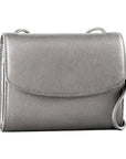 Silver pebbled cowhide leather flap pocket on the Derek Alexander purse with adjustable straps