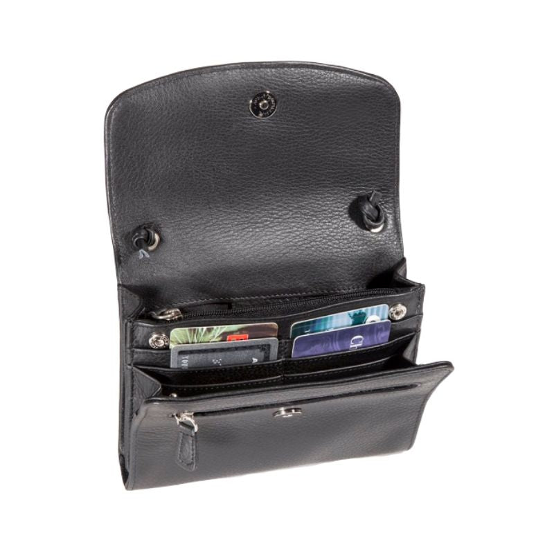 Inside pocket hold many credit cards in the Derek Alexander purse with adjustable straps in pebbled black cowhide leather