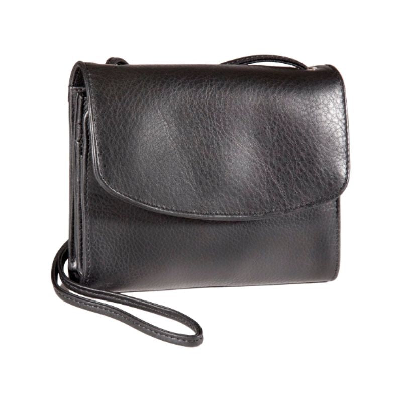 Black pebbled cowhide leather flap pocket on the Derek Alexander purse with adjustable straps